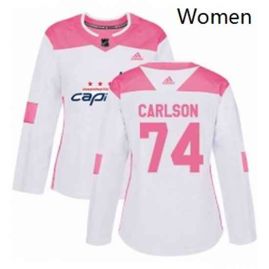 Womens Adidas Washington Capitals 74 John Carlson Authentic WhitePink Fashion NHL Jersey